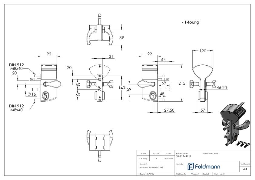 VINCI - Mechanisches Codeschloss LMKQV2, für Profilrohr 40 - 60mm, Farbe silber