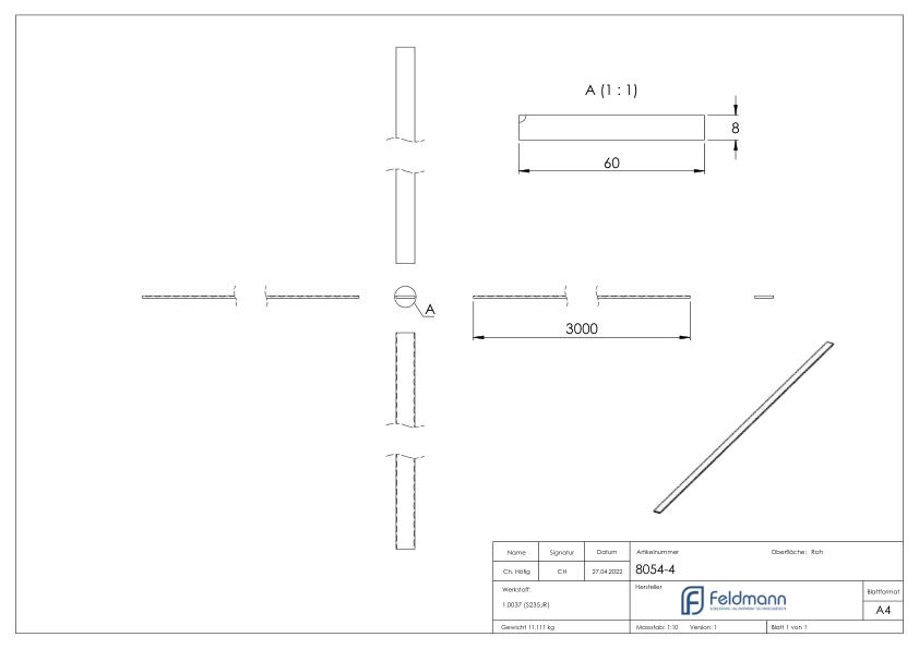 Flacheisen S235JR, 60x8mm, L: 3000mm