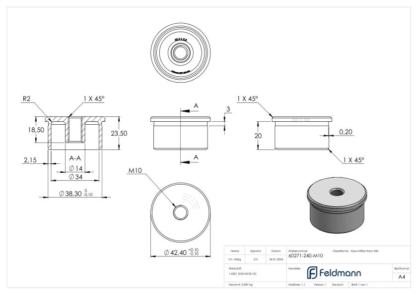 Rohrabschlussstopfen zum Kleben mit M10 für 42,4x2,0mm, V2A