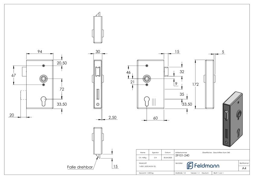 Edelstahlschlosskasten mit verzinktem Schloss, Abmessung: 30x94,5x173mm