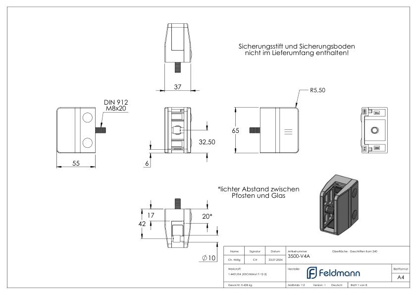 Glasklemme Mod. 35, Anschluss: gerade, V4A
