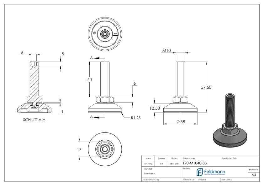 Stellfuß mit Justierschraube mit Innensechskant