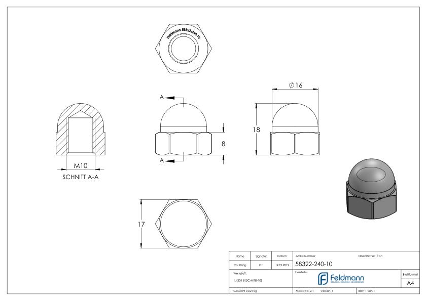 Sechskant-Hutmutter M10, DIN 1587, V2A