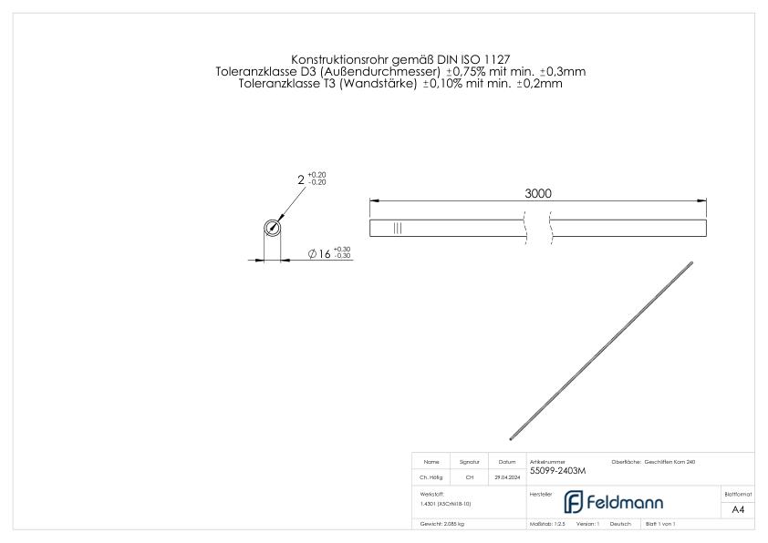 Edelstahlrohr, 16,0x2,0mm, L: 3000mm, V2A