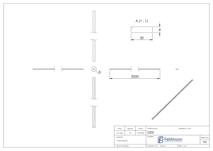 Flacheisen S235JR, 30x8mm, L: 3000mm
