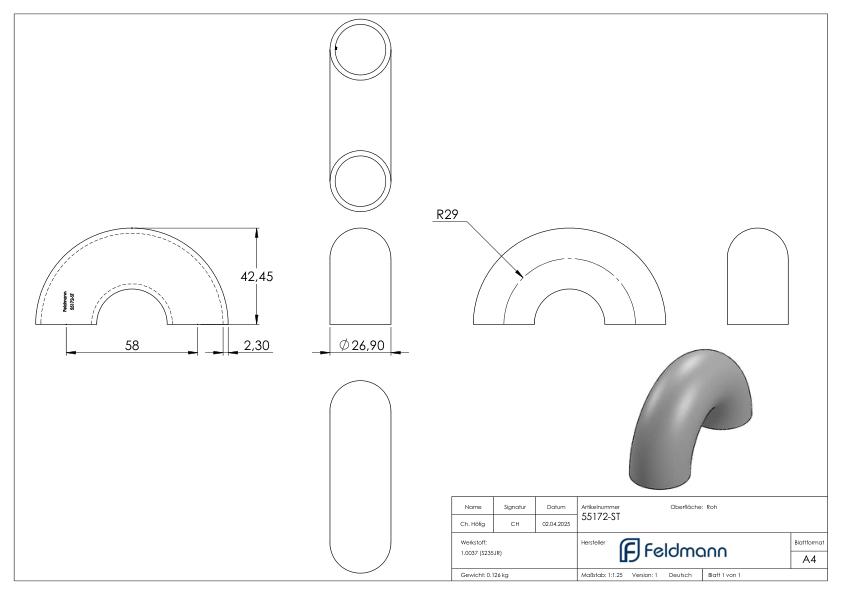 Schweißbogen 180°, 26,9 x 2,3mm, Bauart 3