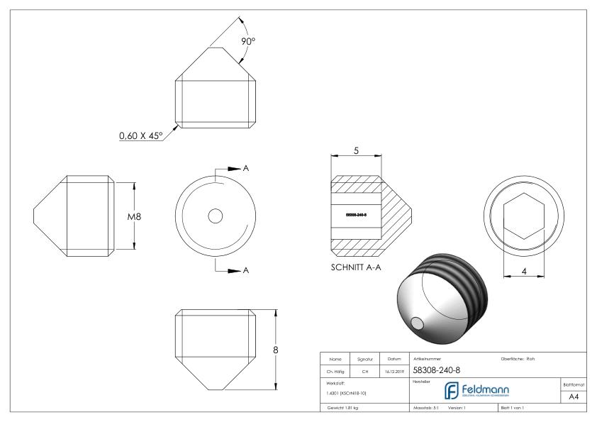 Gewindestift M8x8, V2A, DIN 914 / ISO 4027