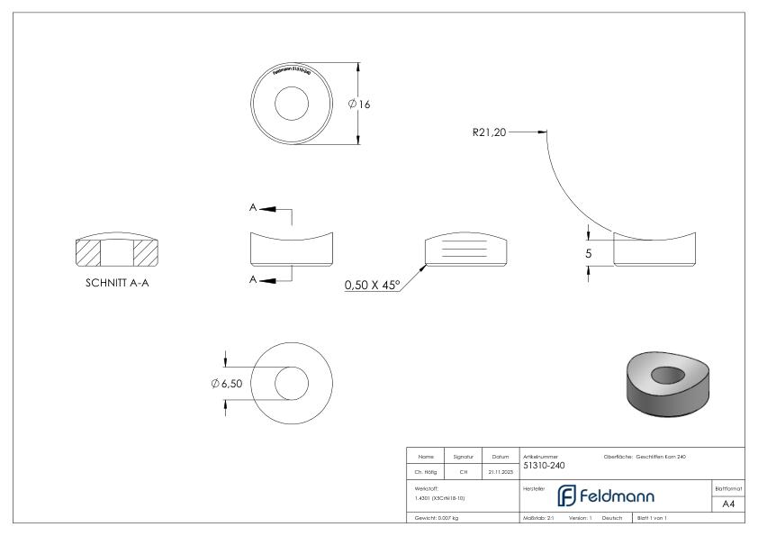 Ausgleichsstück (ohne Senkung) für Rohr 42,4mm, Ø 16mm, V2A