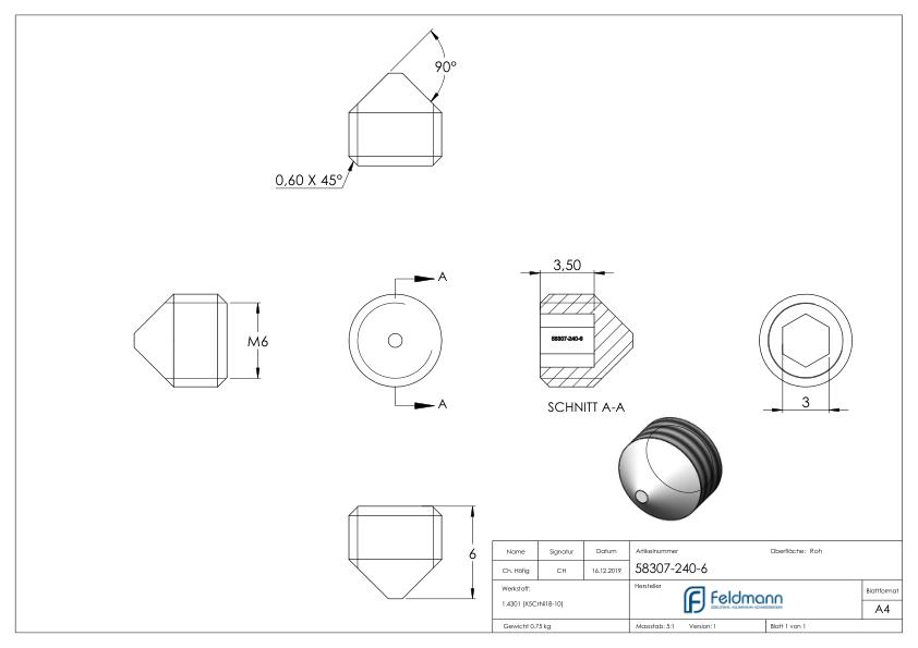 Gewindestift M6x6 , V2A, DIN 914 / ISO 4027