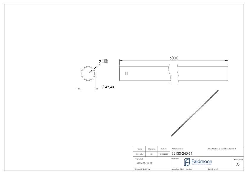 Edelstahlrohr, 42,4 x 2,0mm, L=6m, Korn 240 geschliffen, V2A