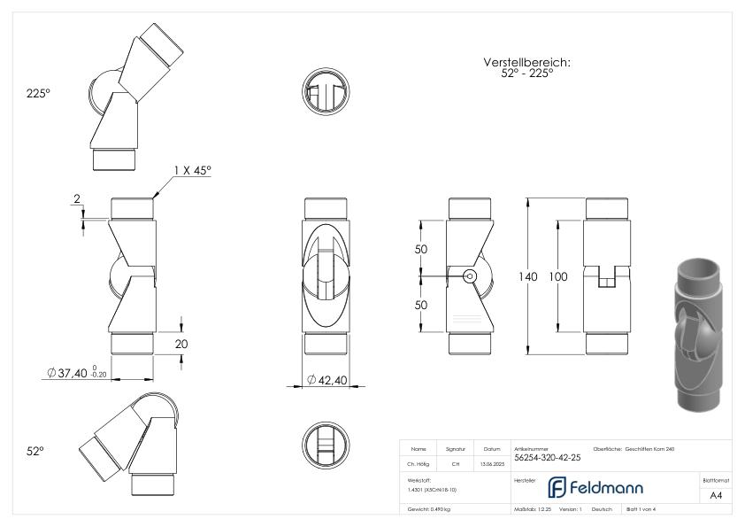 Gelenkstück, für Rohr 42,4 x 2,5mm, V2A
