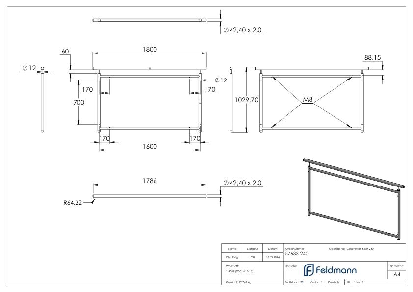 Französisches Balkongitter, gerade, Breite 1,6m, V2A