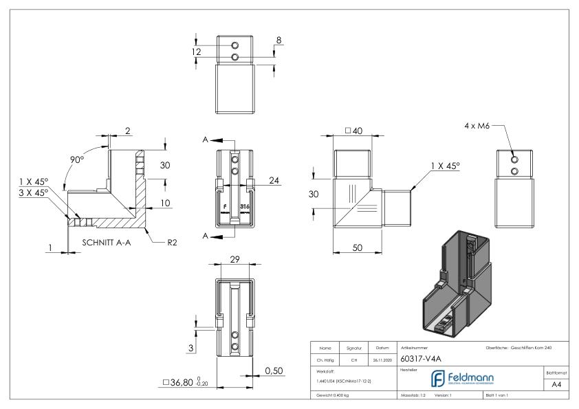 Eckbogen, vertikal, für Nutrohr 40x40mm, V4A