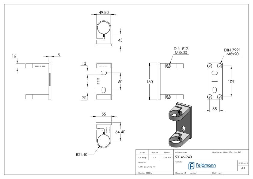 Wandbefestigung für Geländerpfosten 42,4mm, V2A