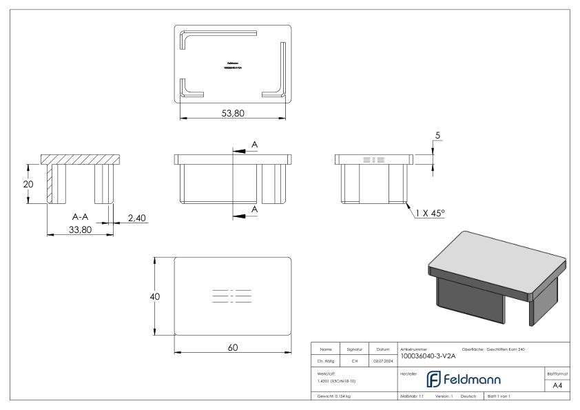 Einsteckkappe, für Rohr 60x40x3,0mm, V2A