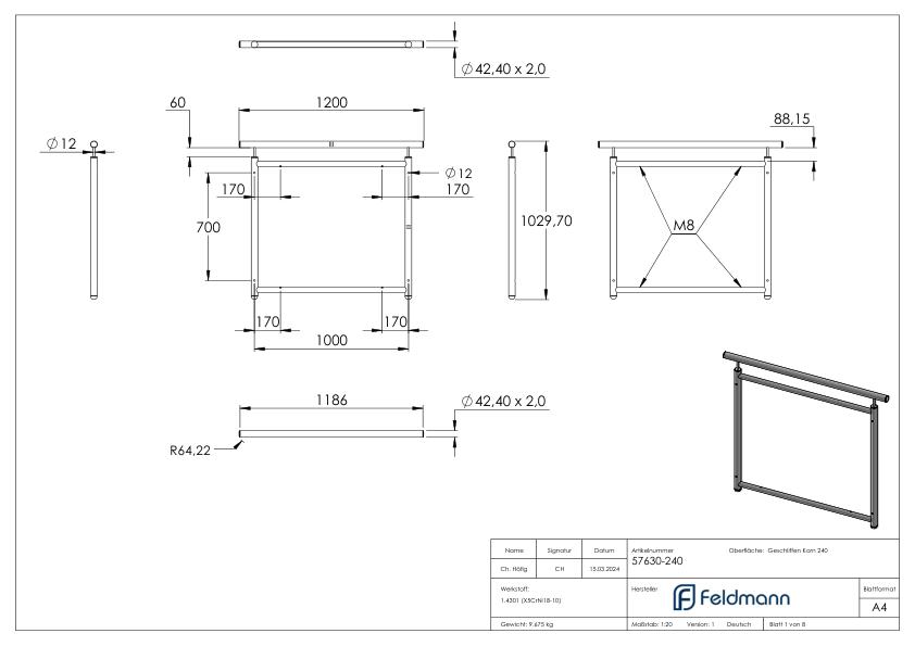 Französisches Balkongitter, gerade, Breite 1,0m, V2A