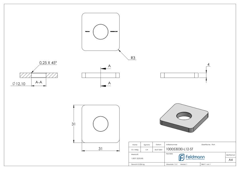 Flachkappe für QR 30x30mm mit Bohrung 12,1mm, Stahl roh