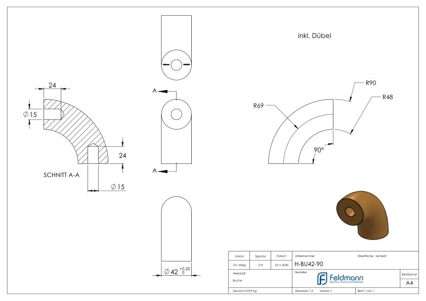 90° Bogen für Holzhandlauf Buche