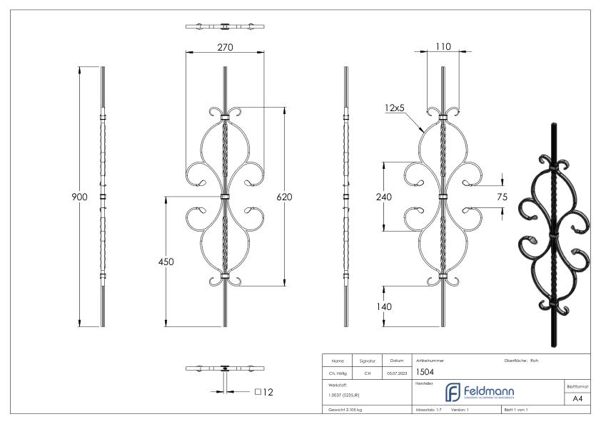Zierstab 12x12mm, gerillt, Barock, H: 900mm
