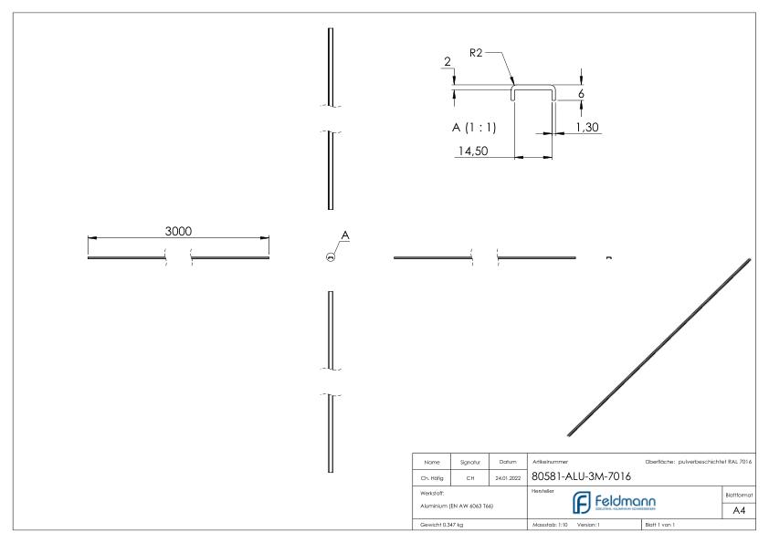 Kantenschutz EXTRA SLIM, für Glas 12,00 - 13,52mm, L: 3000mm, Aluminium RAL 7016