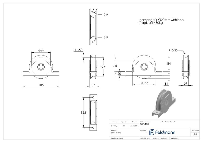 Schiebetorrolle mit Rundrille, Ø 120mm, für Schiene Ø 20mm, 2 Kugellager, verzinkt