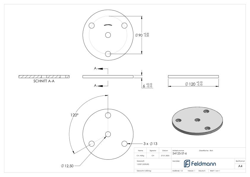 Ankerplatte Ø 120 x 6mm, mit 3 Bohrungen Ø 13mm und Mittelbohrung Ø 12,5mm, Stahl roh