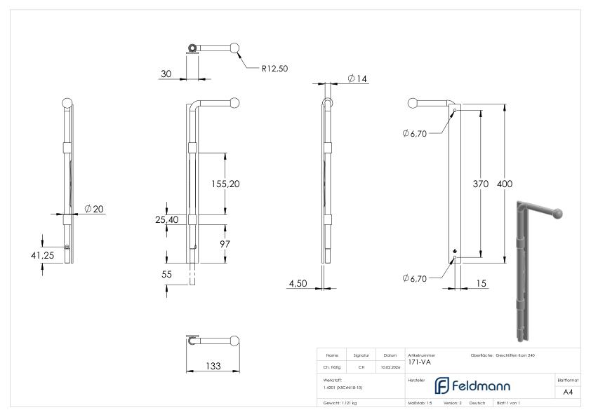 Torriegel zum Anschrauben, Ø 14mm, V2A