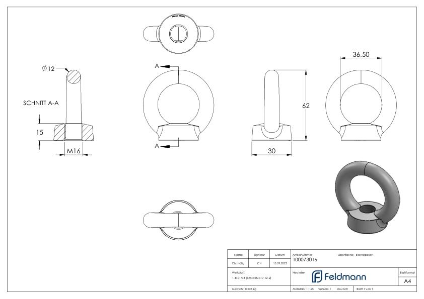 Ringmutter mit Innengewinde 16mm, V4A