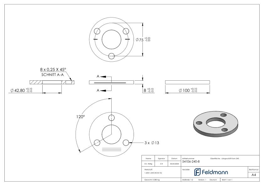 Ankerplatte Ø 100x8mm, mit Längsschliff, V2A
