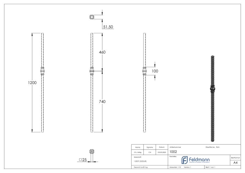 Anfangsstab 25x25mm, H: 1200mm