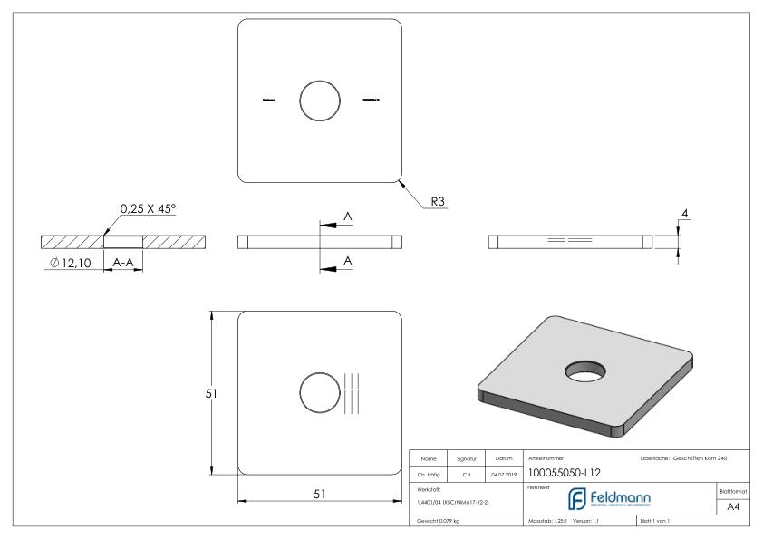 Flachkappe für Quadratrohr 50x50 mit Bohrung 12,1mm, V4A