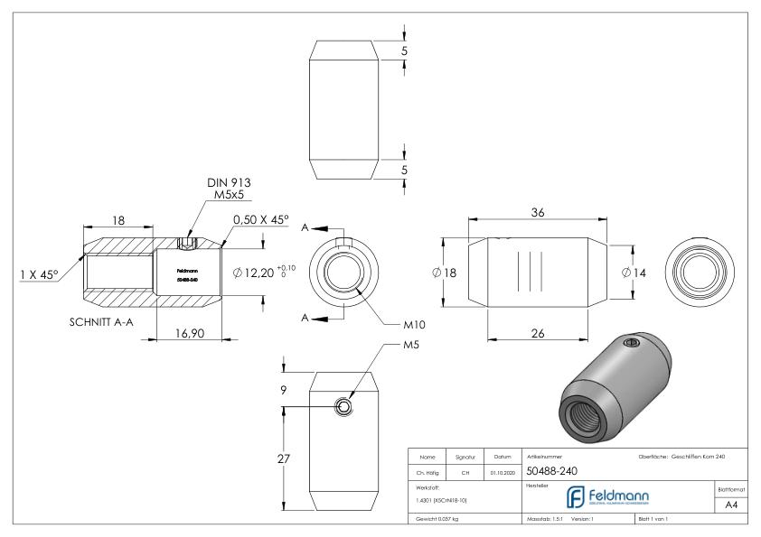 Stabverbinder Ø18mm mit Gewinde M10 und Bohrung 12mm, V2A Stabverbinder Ø18mm mit Gewinde M10 und Bohrung 12mm, V2A