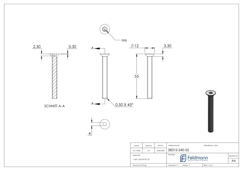 Senkkopfschraube M6x55, V2A, ISO 10642