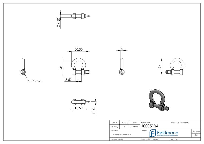 Gebogener Schäkel, M4, V4A