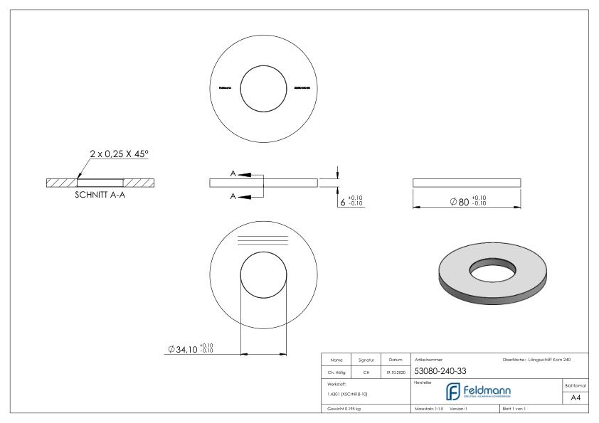 Ankerplatte Ø 80x6mm, mit Längsschliff, V2A