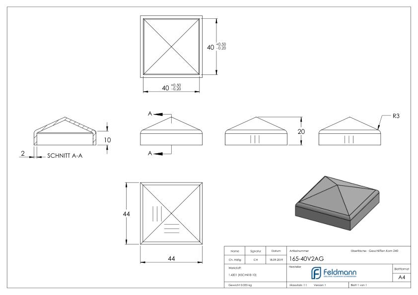 Pyramidenkappe, für Rohr 40x40mm, V2A