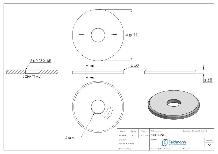 Beilagscheibe 40x3mm mit Fase, Bohrung 10,5mm, V2A