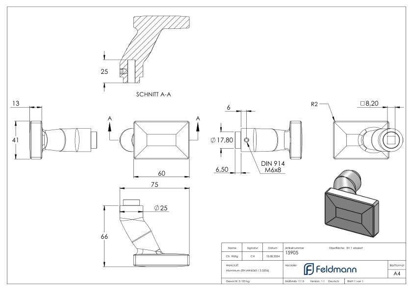 Türdrücker eckig, gekröpft, Aluminium