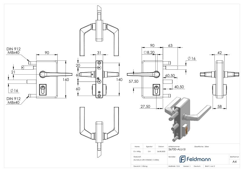 Gittertorschloss GTS 2 für Rohrstärke 40-60mm, Gehäuse silber