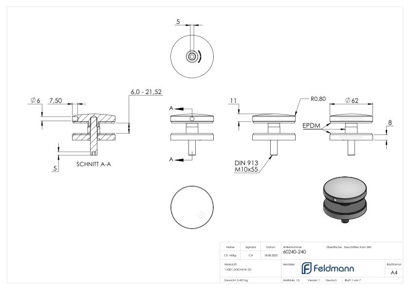 Glaspunkthalter 62mm, Anschluss: flach, V2A
