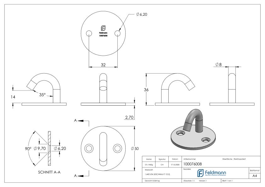 Befestigungsöse/Haken mit runder Platte V4A