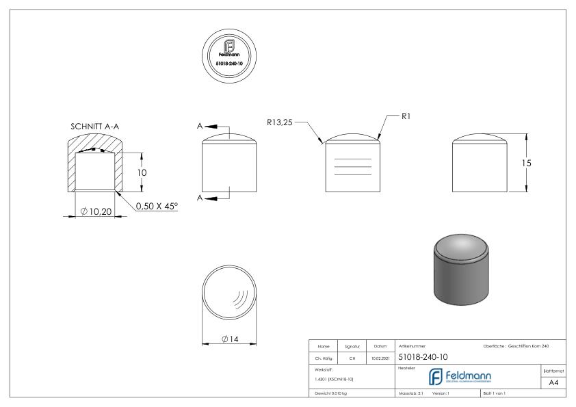 Endkappe für 10mm Rundmaterial, V2A