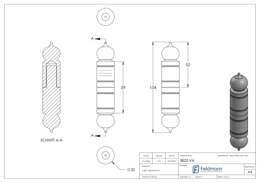 Anschweißband mit festem Stift glatt, 20mm, V2A