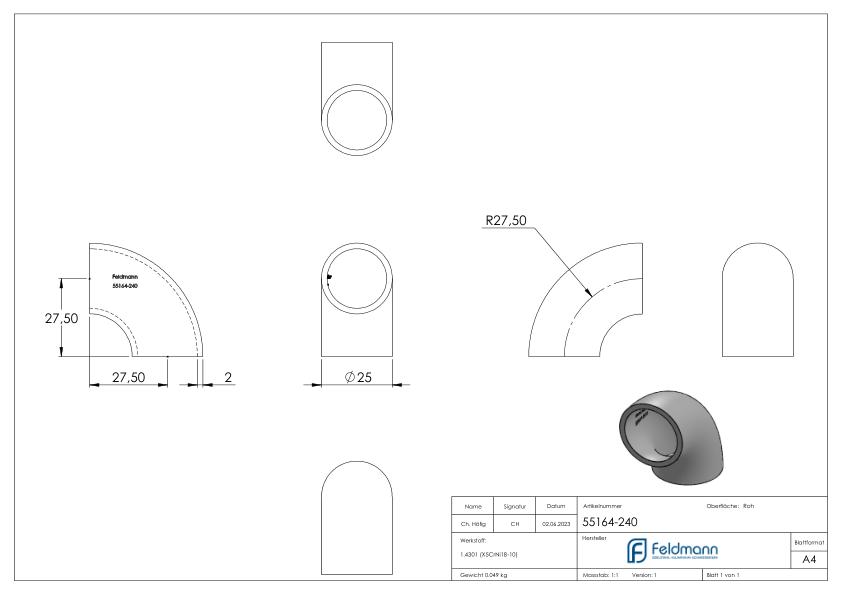 Schweißbogen 90°, 25,0 x 2,0mm, ungeschliffen, V2A
