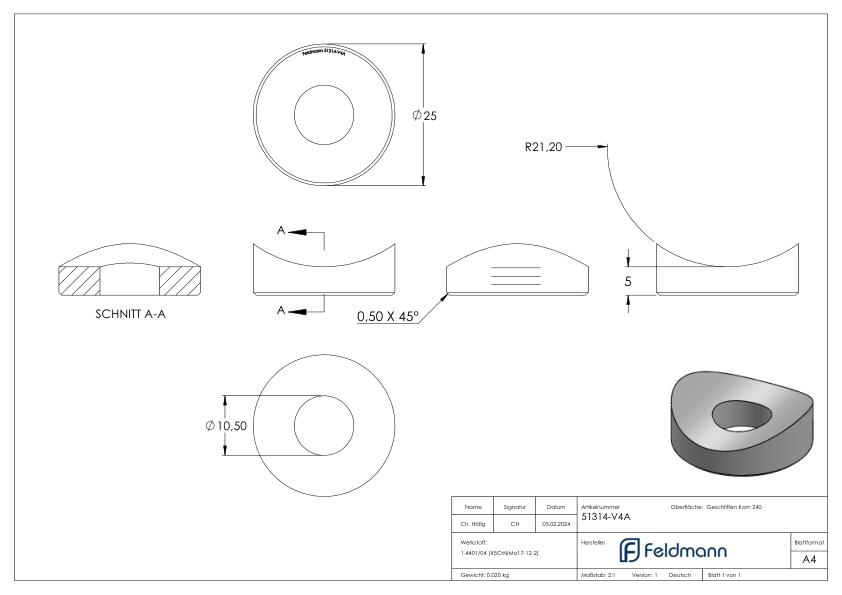 Ausgleichsstück (ohne Senkung) für Rohr 42,4mm, Ø 25mm, V4A