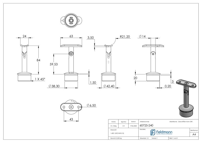 Rohrabschlussstopfen für Rohr 42,4x2,0mm, Handlaufanschlussplatte: 42,4mm, V2A