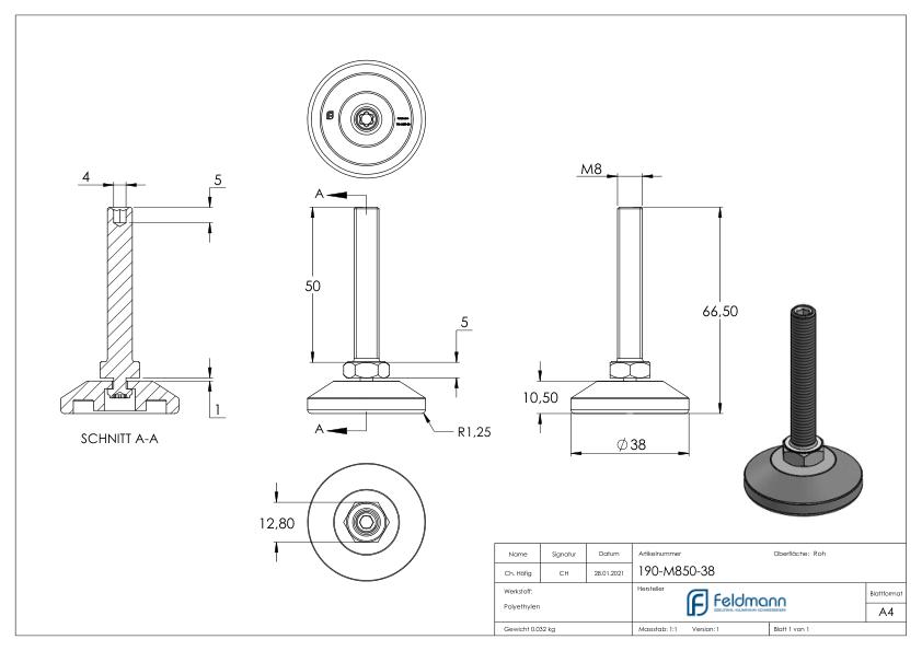 Stellfuß mit Justierschraube mit Innensechskant