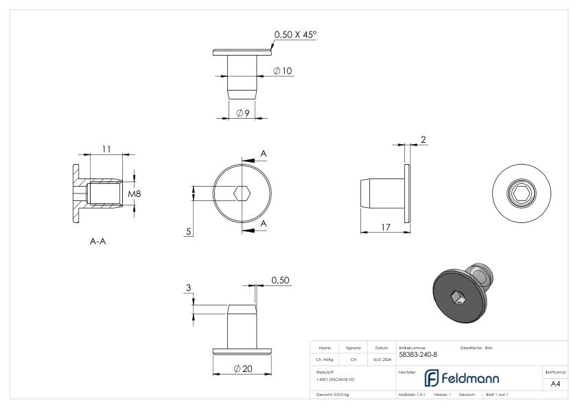 Hülsenmutter mit Flachkopf und ISK, M8, V2A