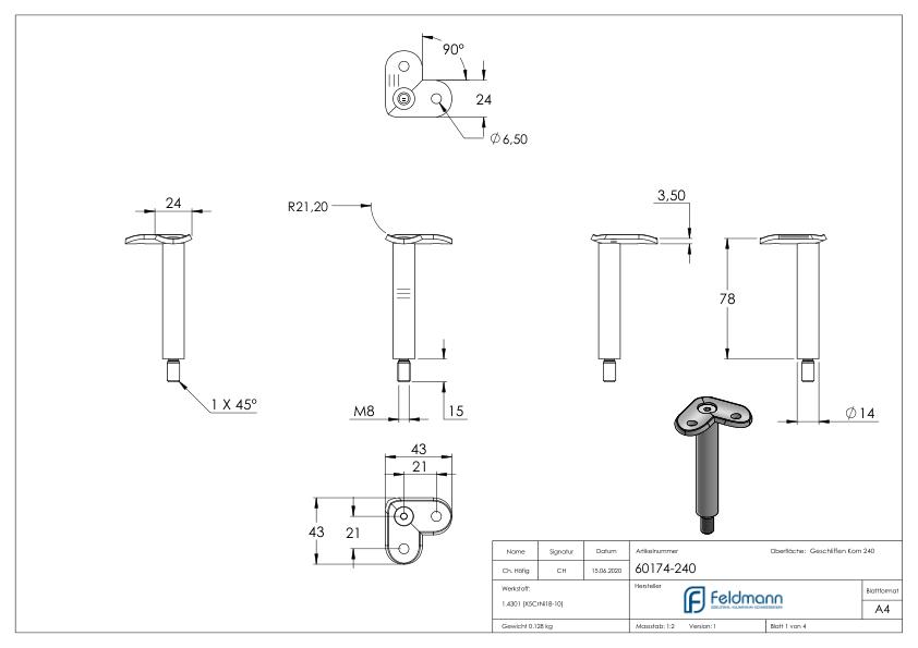 Stift Ø 14mm mit 90° Handlaufanschlussplatte für Rohr 42,4mm, V2A