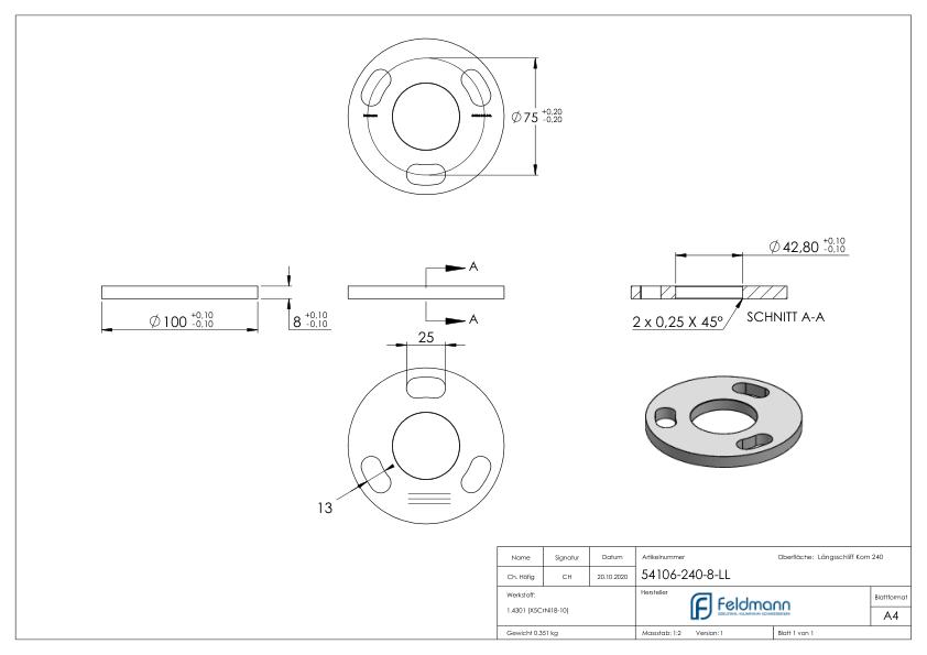 Ankerplatte Ø 100x8mm, mit Längsschliff, V2A